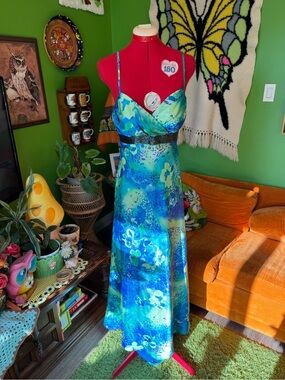 Jolie Blue-Green Floral Spaghetti-Strap Maxi Dress